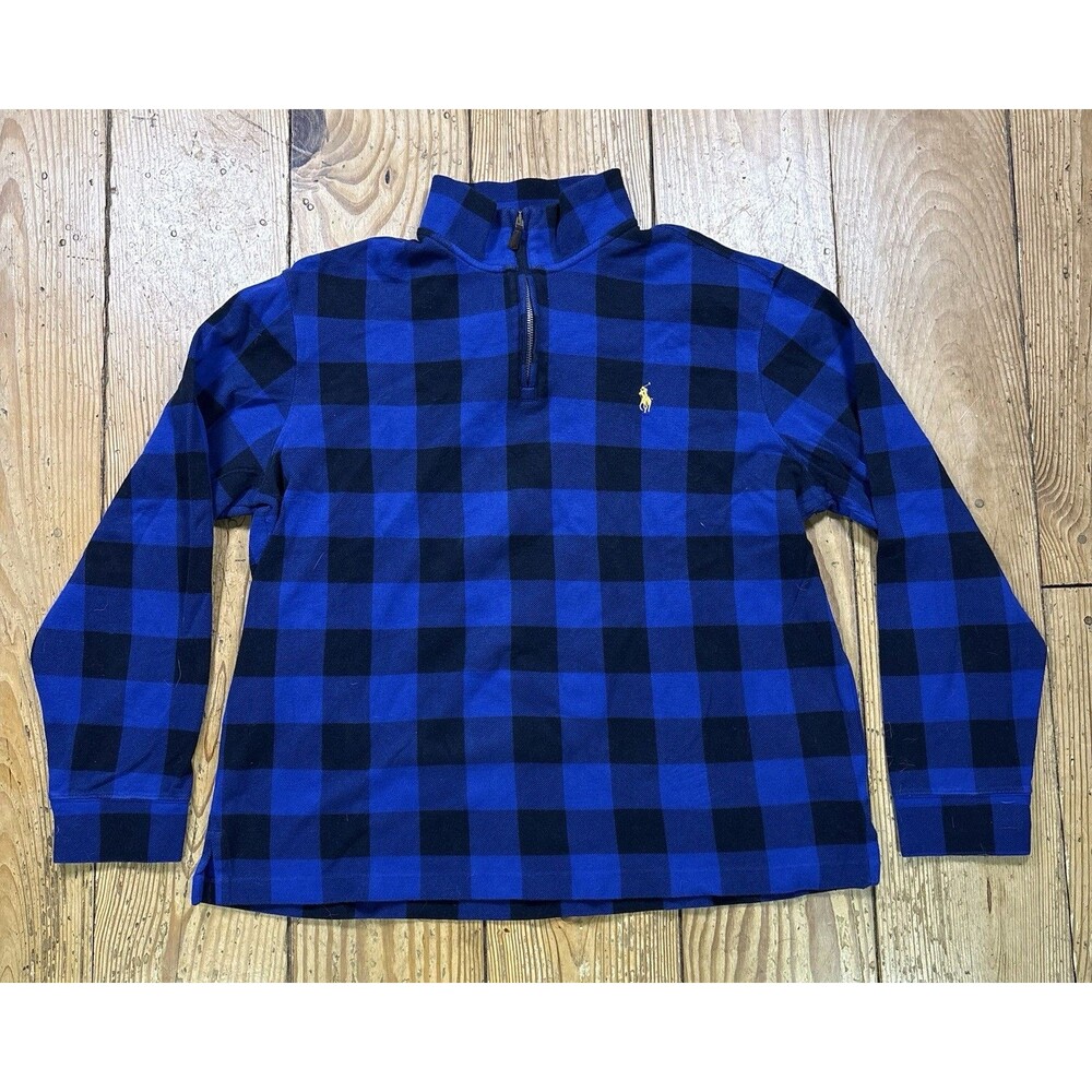 Polo Ralph Lauren Estate Rib Plaid Mens 1/4 Zip Pullover Blue Sweater Large